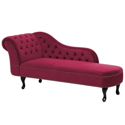 Image of Vintage Style Right Hand Chaise Lounge Velvet Fabric Chesterfield Burgundy Nimes