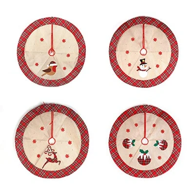 Image of SHATCHI Skirt Snowflakes Printed Pattern Burlap Hessian Linen Xmas Tree Base Cover Floor Mat Holiday Home Decorations Reindeer/Snowman/Robin/Christmas Pudding, 86cm
