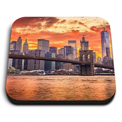 Image of 1 x Square MDF Fridge Magnet New York Sunset Brooklyn Bridge 16861