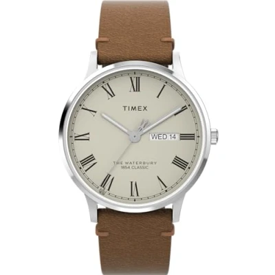 Image of Timex Men&#039;s Q 37.5 mm Watch Black Leather Two Piece Quick Release Strap Green Dial Stainless Steel Case TW2W44700