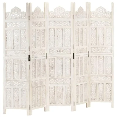 Image of vidaXL Solid Mango Wood 5 Panel Room Divider Hand Carved Privacy Screen White Foldable 200 x 165 cm Partition for Living Room/Bedroom