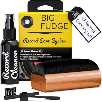 Image of Big Fudge Vinyl Record Cleaning Kit 4 in 1 Cleaner Solution includes Ultra Soft Velvet Brush, Liquid, Stylus Brush and Storage Pouch