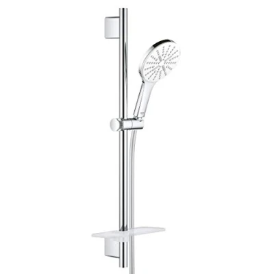 Image of GROHE Rainshower 130 Smartactive Shower Rail Set 3 Spray 130mm Hand with 600mm Rail, 1750mm Silverflex Hose Chrome Finish and White Plate Made in Germany 26576LS0