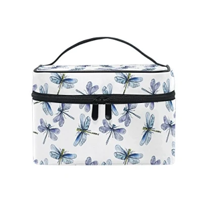 Image of Makeup Bag, Dragonfly Cute Print Cosmetic Toiletry Storage Organiser Large Travel Handle Personalised Pouch with Compartments for Teenage Girl Women Lady White