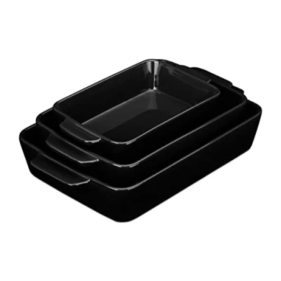 Image of Relaxdays Set of Casserole Dishes in 3 Sizes, Rectangular, for Lasagna, Roast, Tiramisu, Ceramic Oven Form, Grey/White