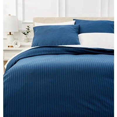 Image of Amazon Basics 3 Piece Deluxe Microfiber Duvet Cover Set with pillow case(s) 240 x 260 cm &amp; 2 Pillowcases 65 cm, Navy Blue, Striped