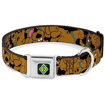 Image of Dog Collar Seatbelt Buckle Scooby Doo Stacked Close Up Black 15 to 26 Inches 1.0 Inch Wide