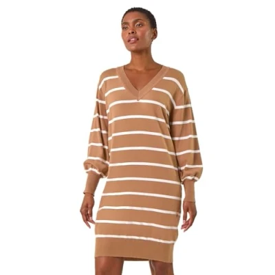 Image of Roman Originals Knitted Jumper Dress for Women UK Ladies Knit Knitwear Autumn Winter Casual Smart Pull On Work Long Sleeves Slouch Relaxed Flattering Over Knee Length V Neck Camel Size 16