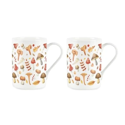 Image of Autumn Mushrooms Mugs Set Forest Fungi Plants Bone China Cups of 2 Tea/Coffee Present Gift