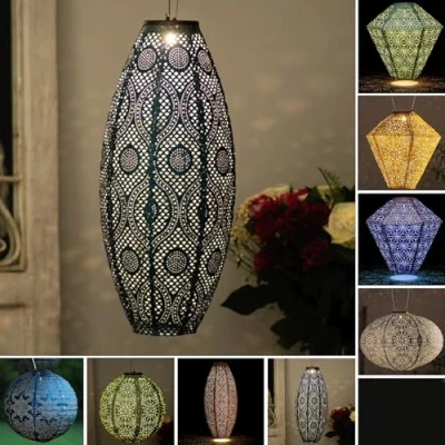 Image of Dawsons Living, Solar Powered LED Large Garden Lantern Outdoor Light Select Colours &amp; Shapes (Green/Long Oval)