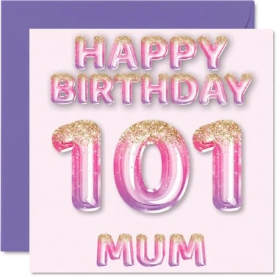 Image of 101st Birthday Card for Mum Pink &amp; Purple Glitter Balloons Happy Cards 101 Year Old Mother from Son Daughter, 145mm x Bday Greeting Gift