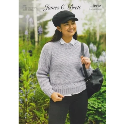 Image of James Brett Aran Knitting Pattern Ladies Heart Detail Womans Sweater Jumper (JB912)