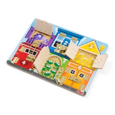 Image of Melissa &amp; Doug Wooden Latches Board Busy Toy Developmental Motor Skills Problem Solving 3+ Gift for Boy or Girl