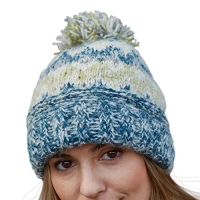 Image of Pachamama Women Wool/Mohair Beanie Bobble Hat Sherpa Fleece Lined Handknitted Soft Stripe One Size Handmade Extra Warm Fair Trade (Spruce)