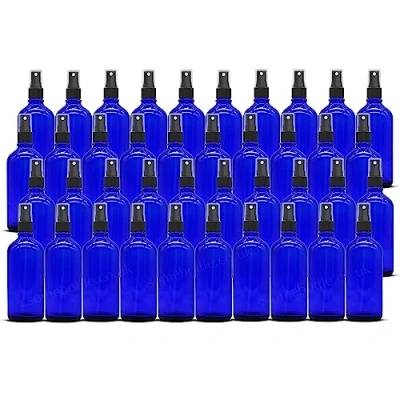 Image of Intelligent Healthcare PACK of 40 100ml Blue Glass Spray Bottles with BLACK Atomiser Mist Sprays Cobalt Refillable, for Liquid/Cosmetics/Essential Oil/Aromatherapy/Perfumes