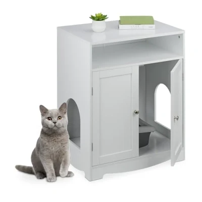 Image of Relaxdays Litter Box Enclosure, Cat Cabinet, 2 Side, Open Shelf, HWD: 73.5 x 60 43.5 cm, Ped Den, White, Metal, Fibreboard