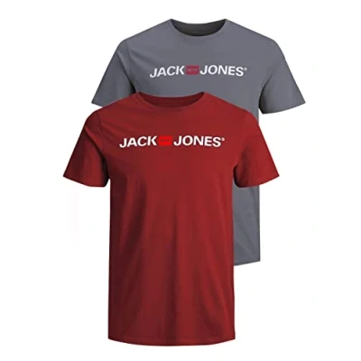 Image of JACK &amp; JONES Men&#039;s JJECORP Logo TEE SS Crew Neck, Grisaille/2 PACK W. RED Dahlia, XS
