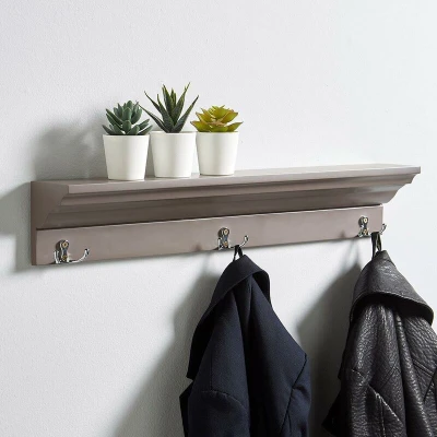 Image of Home Source Hallway Hanging Storage Shelf, 3 Coat Hooks, Grey