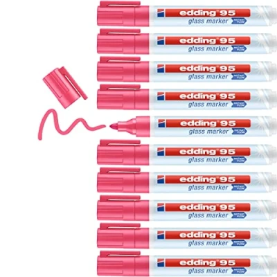 Image of edding 95 glass marker pink 10 pens round nib 1.5 3 mm washable window pen for writing and marking on surfaces, windows, glassboards, whiteboards dry wipeable