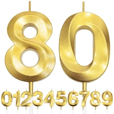 Image of 80th Birthday Candle, 3D Design Gold Glitter Number Candles, Cake Topper Decorations, Candle for Party, Wedding Anniversary, Baby Shower, Party Decoration
