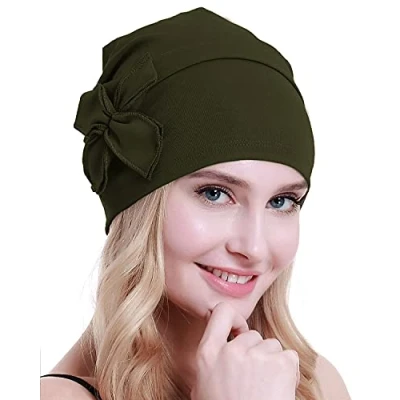 Image of osvyo Cotton Chemo Turbans Headwear Beanie Hat Cap for Women Cancer Patient Hairloss Army Green