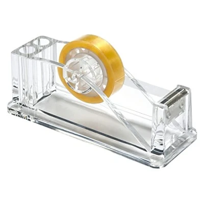 Image of OSCO Clear Acrylic Tape Holder with Desktop Dispenser 2 Slots for Pens or Pencils Rubber Pads Non Slip H6.4 x W5 D12.7 cm