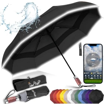 Image of Royal Walk Windproof Folding Travel Umbrella Compact and Strong Luxurious Real Wood Handle Automatic Open Close Vented Double Canopy for Men Women (Black)