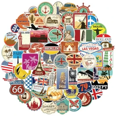 Image of 100 Travel Stickers, World Famous Country Landmark City Logo Sticker for Scrapbook Laptop MacBook
