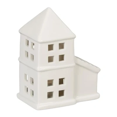 Image of Relaxdays Tealight House Ceramic, Light Through Windows, for 1 Candle, HxWxD: 11.5 x 9.5 6 cm, Table Decoration, White