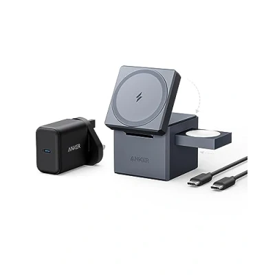Image of Anker 3 in 1 Cube Compatible with MagSafe 15W Fast Charging, Foldable Wireless Charge Station for Apple Watch, iPhone 15/14/13, and AirPods Pro (Charger Interchangeable Plugs Included)