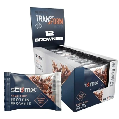 Image of SCI MX High Protein Chocolate Chip brownie Box 20g protein, 0.5g Sugar + 246 calories per Pack of 12 x 65 g Low Pre / Post Workout Snack No Palm Oil Suitable for Vegetarians