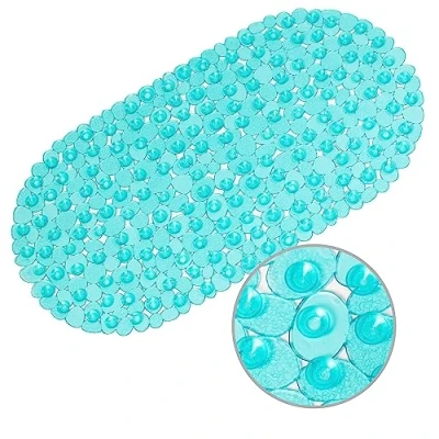 Image of WELTRXE Bath Mats Non Slip Shower Mat, Anti Mould Bathtub Mat Frosted Pebble PVC Oval Bathroom with Grip Suction Cups &amp; Drain Holes, Machine Washable, Aqua, 69 x 36 cm