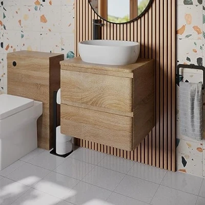 Image of Affine® 600mm Vanity Unit Bathroom Wall Mounted Storage Cabinet Cupboard Cloakroom, Soft Close Drawers, St Tropez White Countertop Basin Sink, Oak Effect