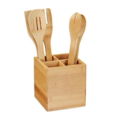Image of Relaxdays Cutlery Rack, 4 Compartments, Removable Divider, Bamboo Box, Stationary, HxWxD: 14.5 x 13.5 cm, Natural