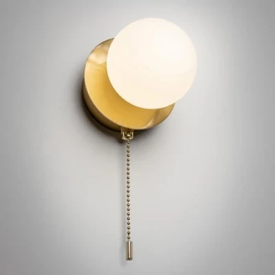 Image of CGC Lighting USB Rechargeable Battery Magnetic Wireless Wall Light Opal Glass Diffuser Decorative Pull Cord (Satin Gold Macie)