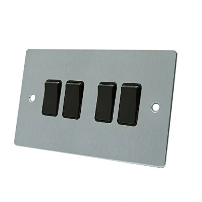 Image of AET FSC4GSWIBL Satin Chrome Flat Black Insert Plastic Rocker Switches 10 Amp Quad 4 Gang 2 Way Light Switch, 240 V