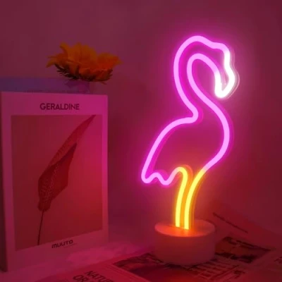 Image of Flamingo Neon Light, Bedroom Night LED Light Signs Powered by Battery/USB, Decoration for Christmas Birthday Party Table Lamp Children Gifts