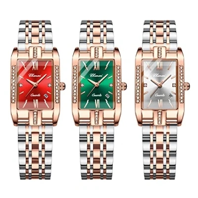 Image of JewelryWe Women Watches Square Rhinestone Analog Quartz Calendar Watch Stainless Steel Business Casual Wristwatch