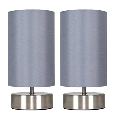 Image of Pair of Modern Brushed Chrome Touch Dimmer Bedside Table Lamps with Grey Cylinder Light Shades