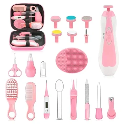 Image of Baby Healthcare and Grooming Kit, 26 in 1 Portable Safety Care Set with Hair Brush Comb Nasal Aspirator Electric Nail Trimmer Essentials kit for Newborn Boys Girls (Pink)