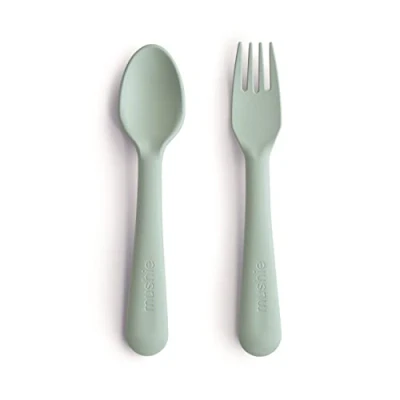 Image of Mushie Fork and Spoon Set for Kids Flatware Cutlery 1x of Dinnerware Pieces Reuseable Dishwasher Microwave Safe Easy Baby or Child to Hold Made in Denmark (Sage)