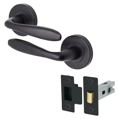 Image of EAI Black Door Handle Latch Set Round Internal Handles &amp; (64mm) Matt Lever on Rose