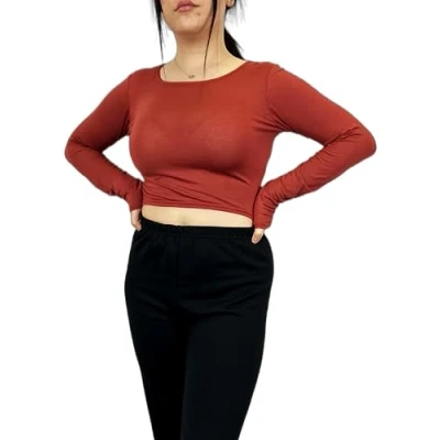 Image of Womens Crop Long Sleeve T Shirt Ladies Short Plain Basic Round Neck Shirts Top 8 14 Rust