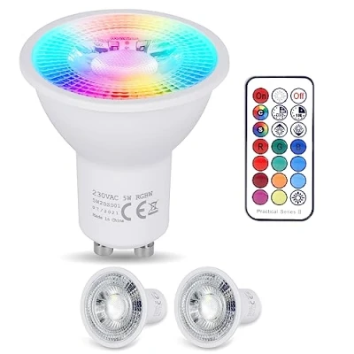 Image of YAYZA! GU10 LED RGB Bulbs 5 Watt Dimmable Spot Lights, Colour Changing Spotlights with Cool White 6000K, Energy Saving Smart Coloured Remote Control, 12 Colors, Timer, 2 Pack