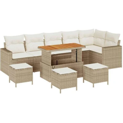 Image of vidaXL 10 Piece Garden Sofa Set with Cushions Beige Poly Rattan Acacia