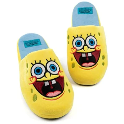 Image of SpongeBob Mens Slippers Adults Animated Character Face Yellow Blue Slip On House Sliders Movie Series Merchandise 3 4 UK