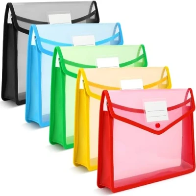 Image of A4 Plastic Wallets, 5 Pcs Popper Wallet Document Folder Premium Pockets Files Envelope for School Office Home, with Snap Closure and Card Slot