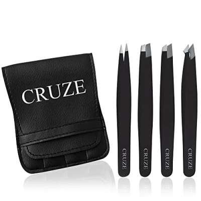 Image of CRUZE Tweezers Set of 4 Precision for Facial Hair Women and Men Eyebrow Tweezers, Eyelash Slanted Pointed Tip Ingrown Hair, Professionals with Firm Grip.