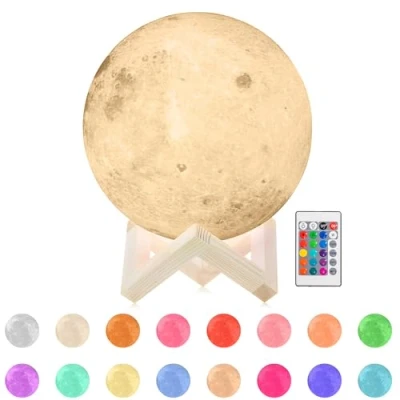 Image of CUQOO 3D Moon Lamp Night Light with Elegant Wooden Stand Realistic White Touch Control &amp; USB Charging Rechargeable Printed Bedside Beautiful Full Table