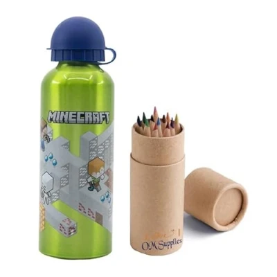 Image of OM SUPPLIES Minecraft Characters Aluminium Sports Bottle 530ml Holiday, Back to School Water Drinking Kids Lunch Children Includes Half Size 12pcs (Minecraft)